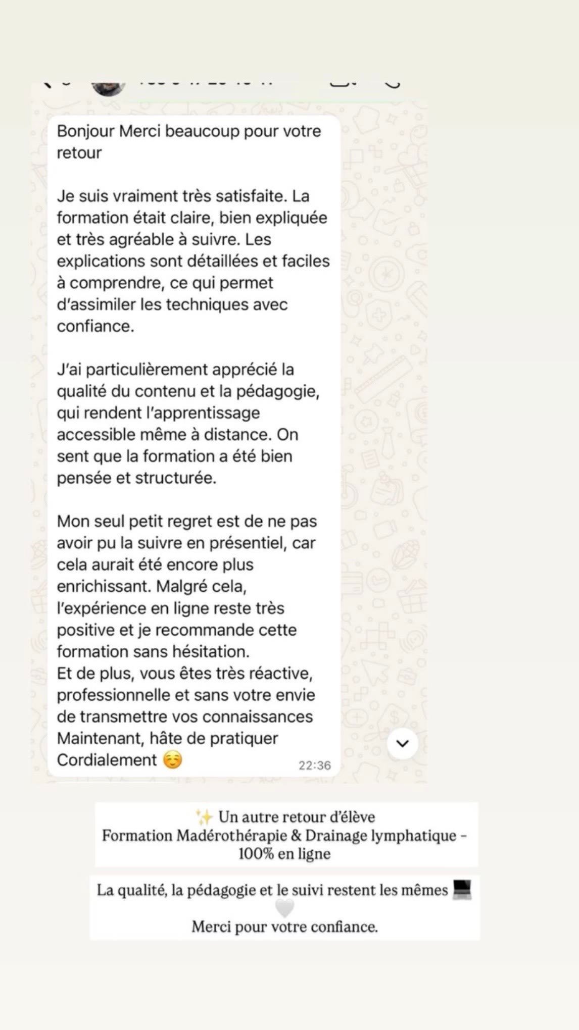 Capture WhatsApp avis Madérothérapie & Drainage en ligne MyJa Aura