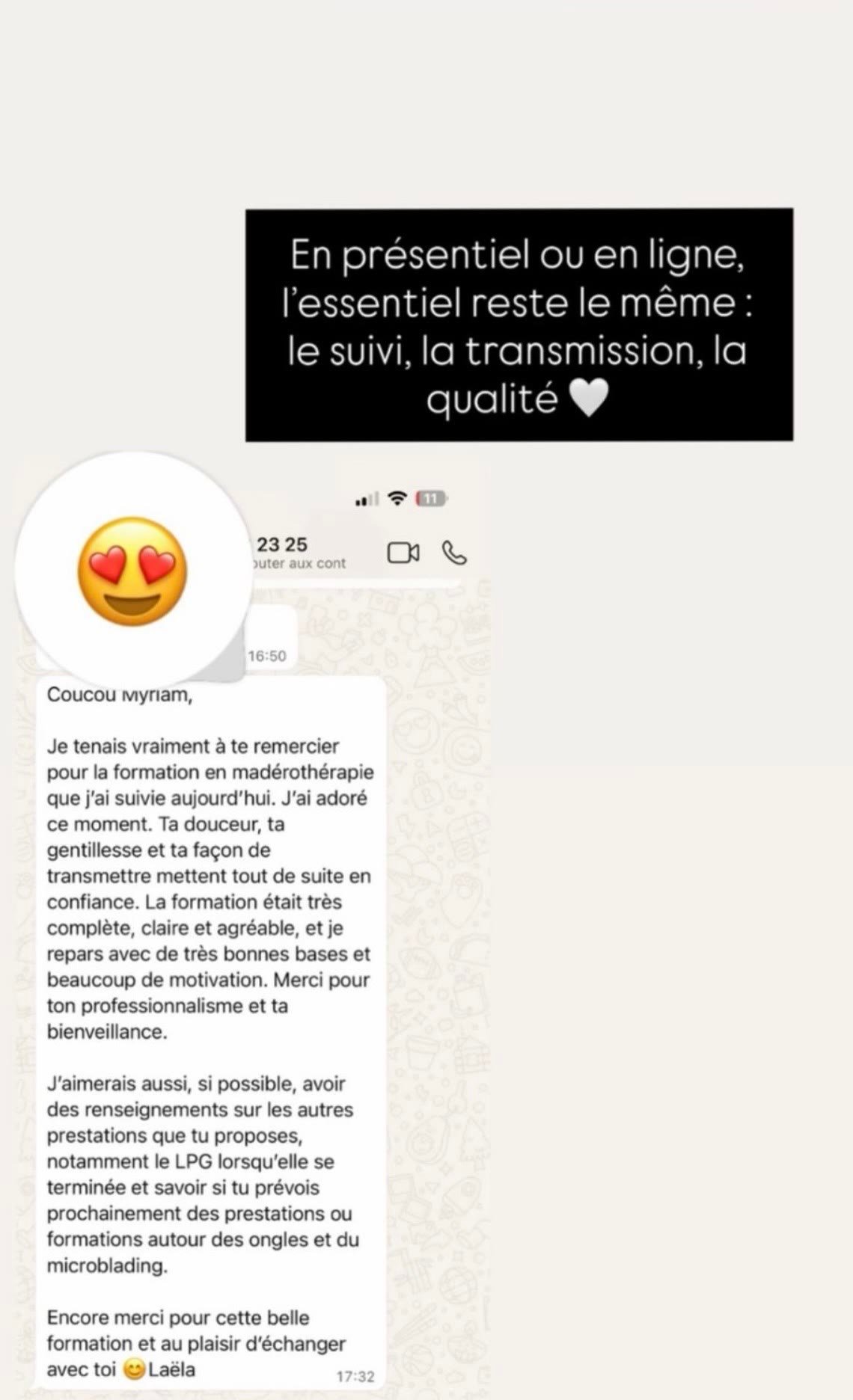Capture WhatsApp avis Laëla Madérothérapie MyJa Aura